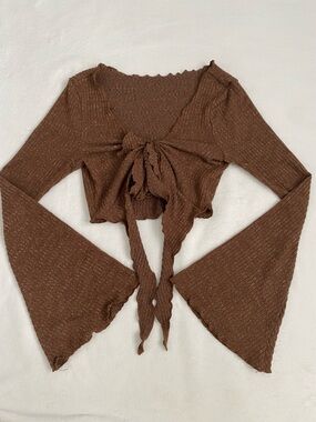 Brown Ribbed Tie Front Y2K Style Flare Sleeve Top
